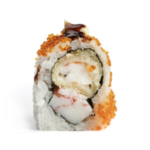 Uramaki con gambero in tempura, polpa di granchio, tobiko e salsa teriyaki.